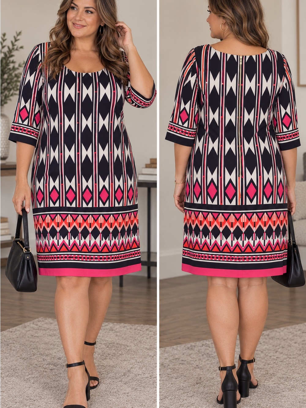 Eliza J Sheath Dress Sz 14W Gorgeous Pattern Pink Navy White Zipper Back NWOT